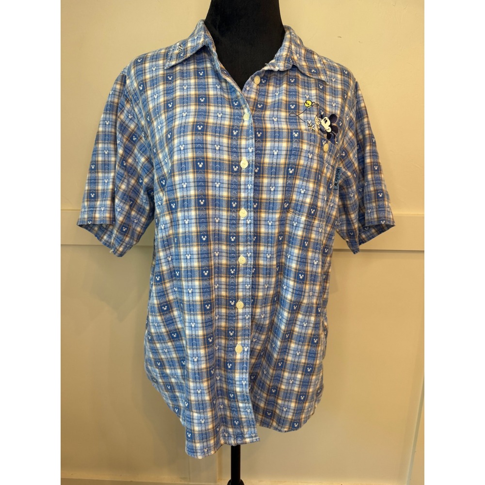 Mickey Unlimited Disney Plaid Button Down Shirt Blue Women 14W/16W LT0160